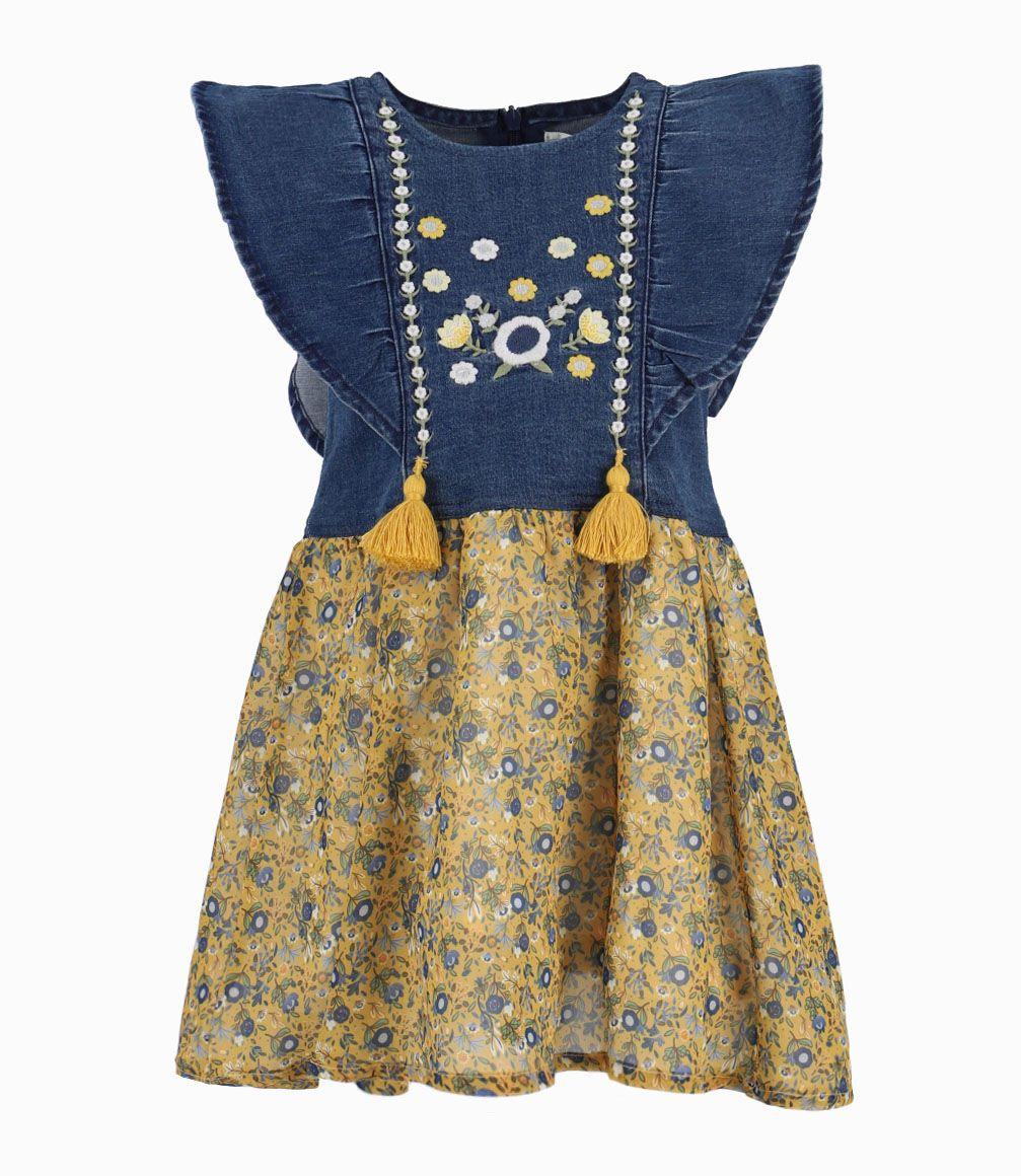 Vestido Con Faldón De Flores Bebé Niña Denim Azul Limonada-1