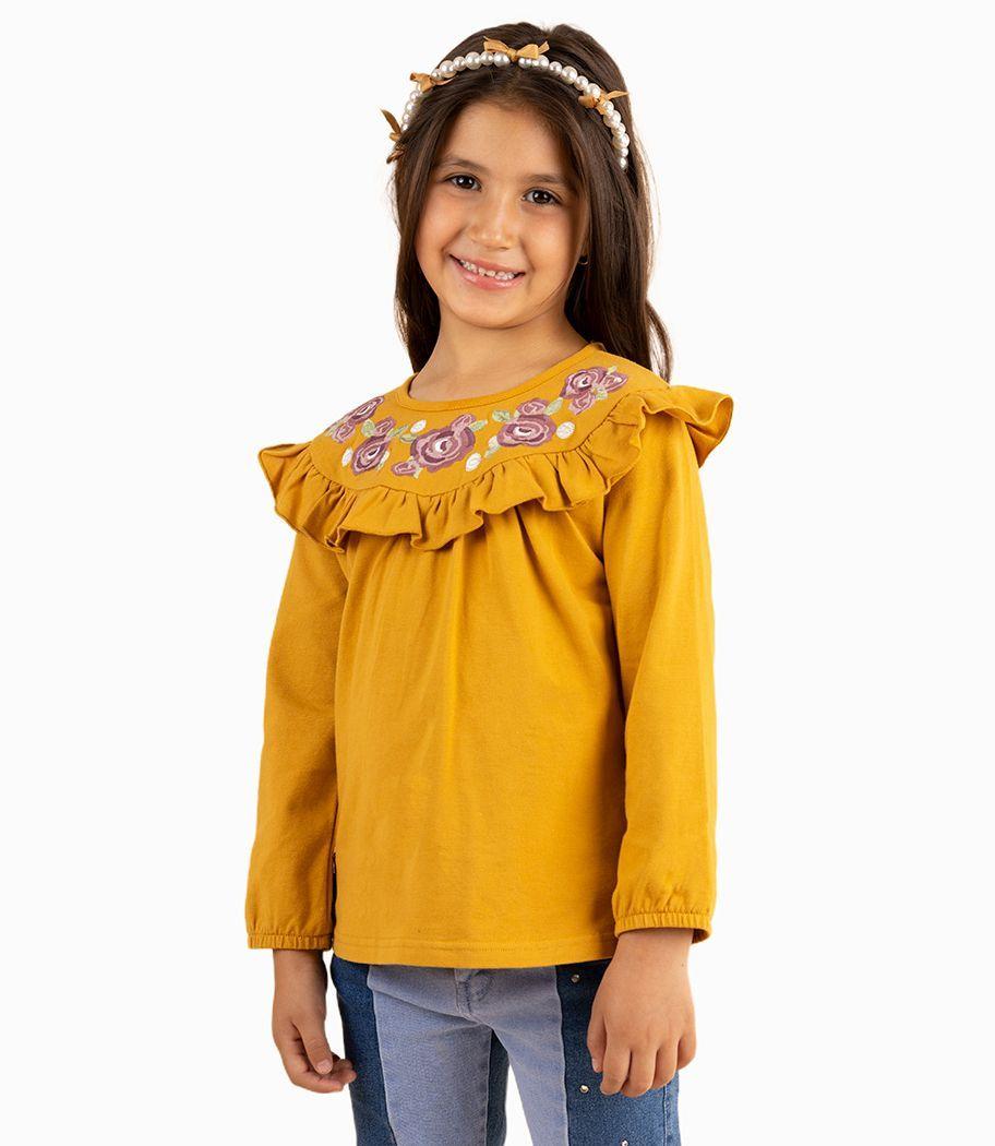 Polera Niña Con Flore Bordadas Limonada Mostaza-1