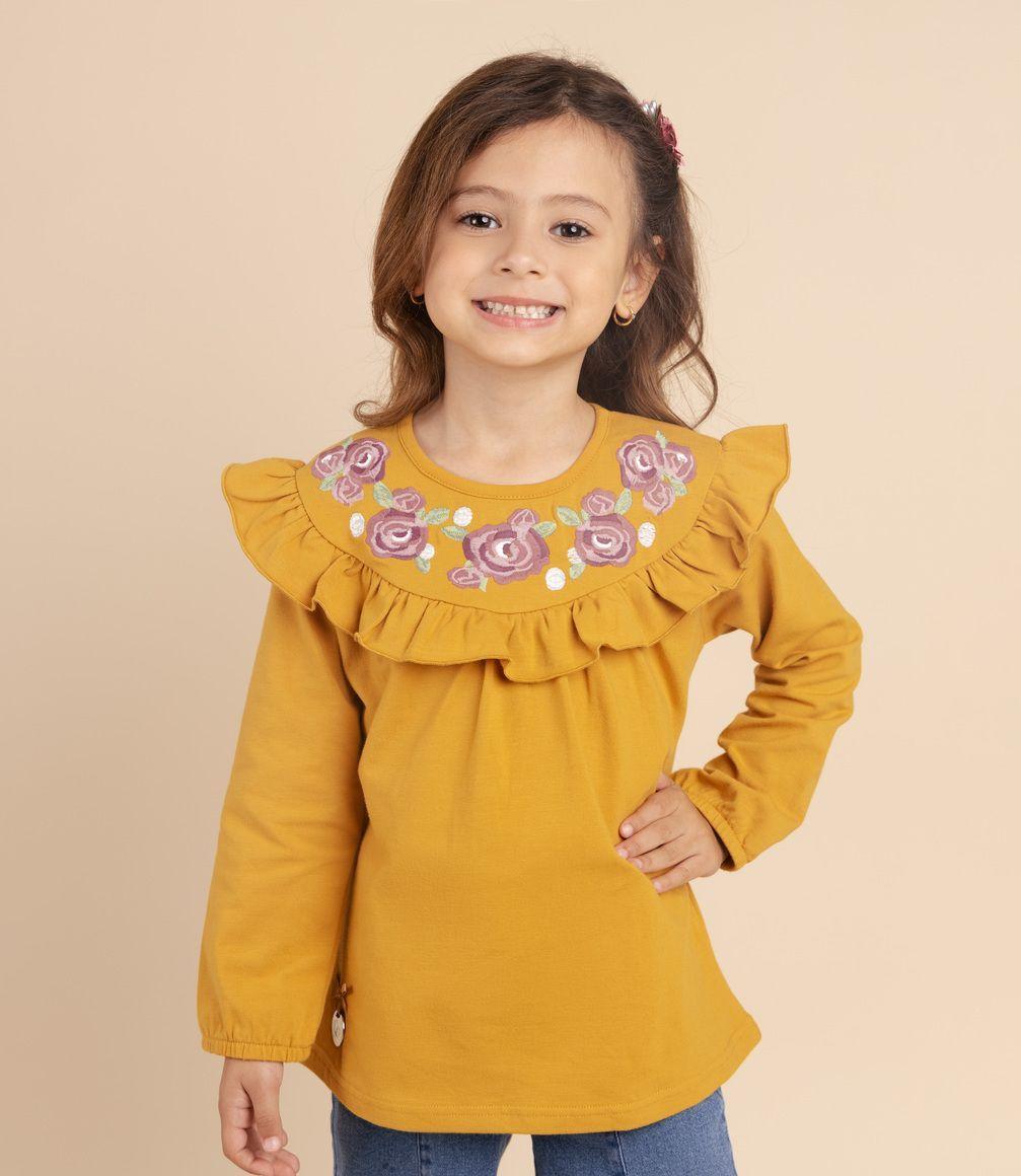 Polera Niña Con Flore Bordadas Limonada Mostaza-0