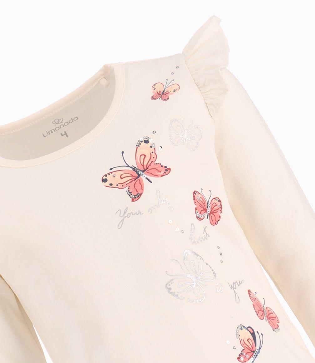 Polera Niña Con Mariposas Limonada Crudo-3