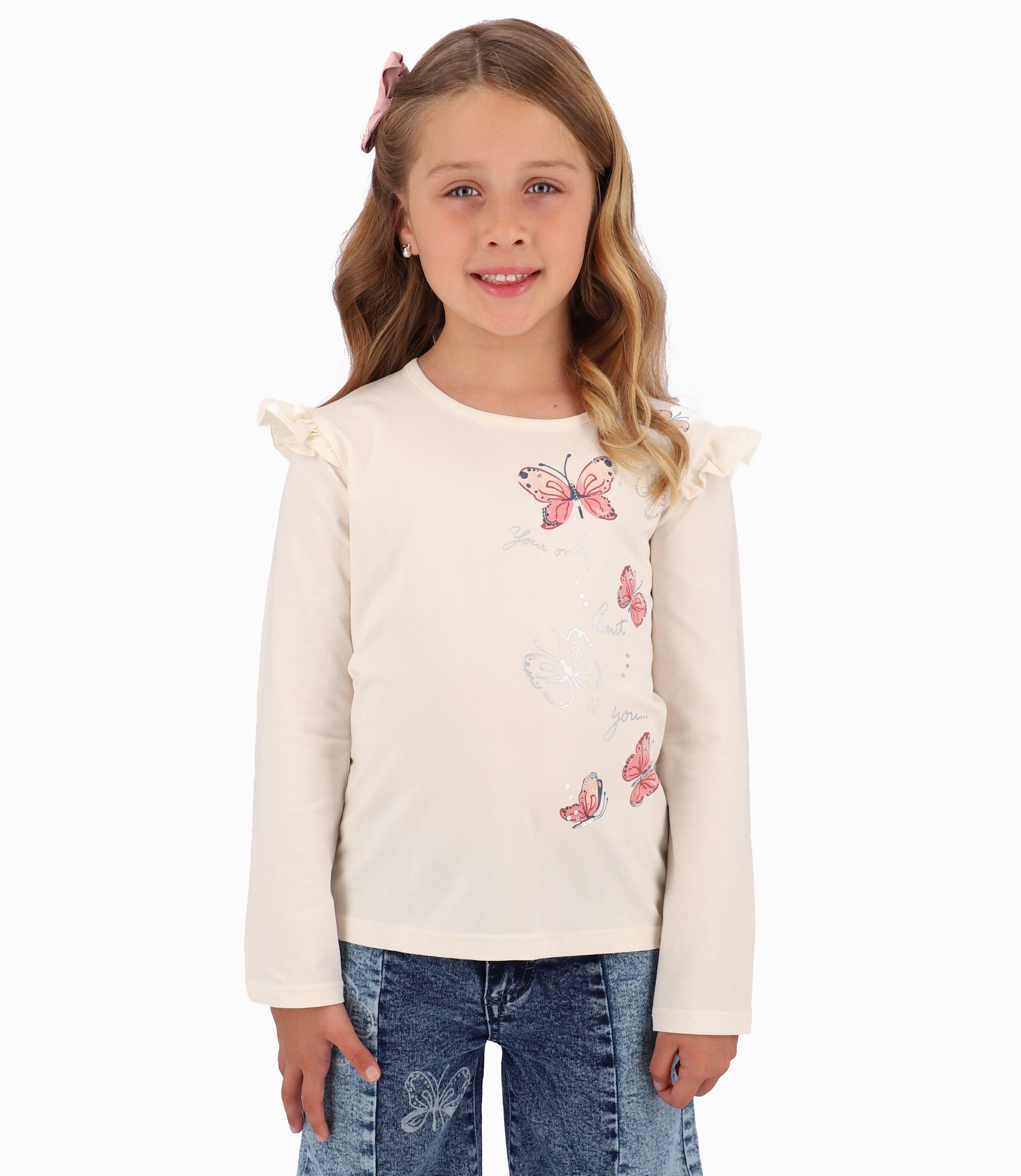 Polera Niña Con Mariposas Limonada Crudo-0