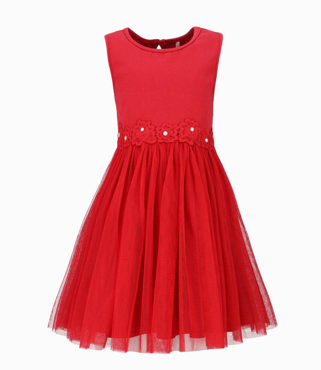 Vestido niña con flores aplicadas rojo Limonada-0