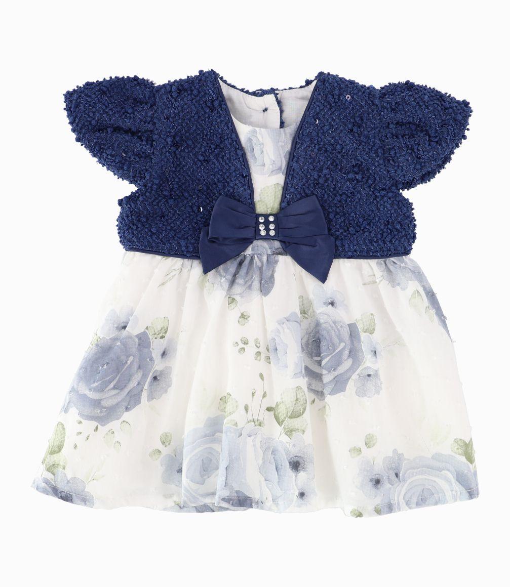 Vestido Recién Nacida Con Bolero y Flores Azul Marino-0