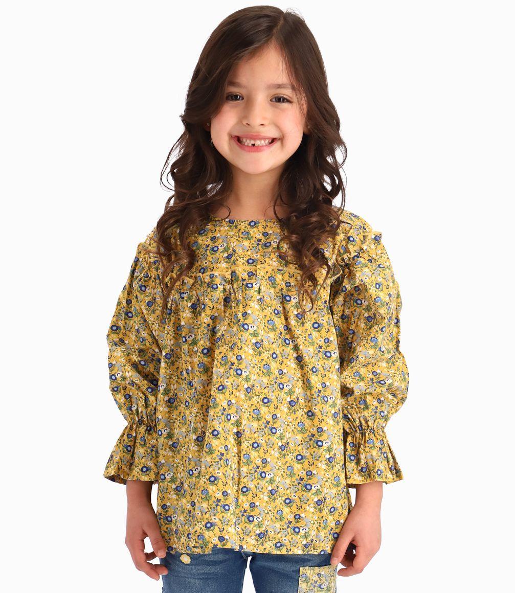 Blusa Popelín Floreada Niña 100% Algodón Mostaza Limonada-0