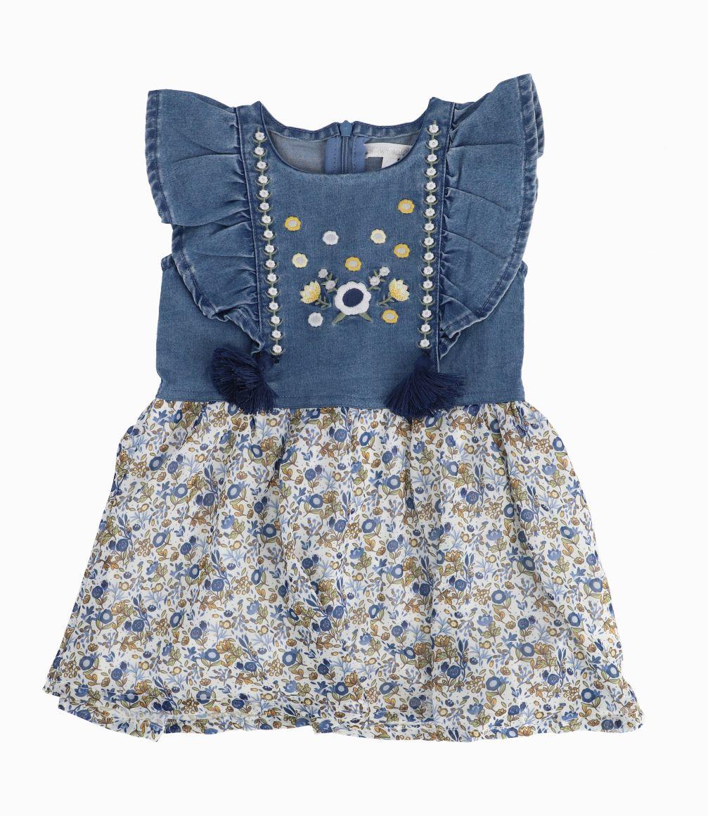 Vestido Con Faldón De Flores Bebé Niña Denim Celeste Limonada-0