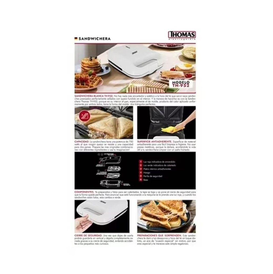 Sandwichera Tostadora 2 Panes 750W TH 952-2