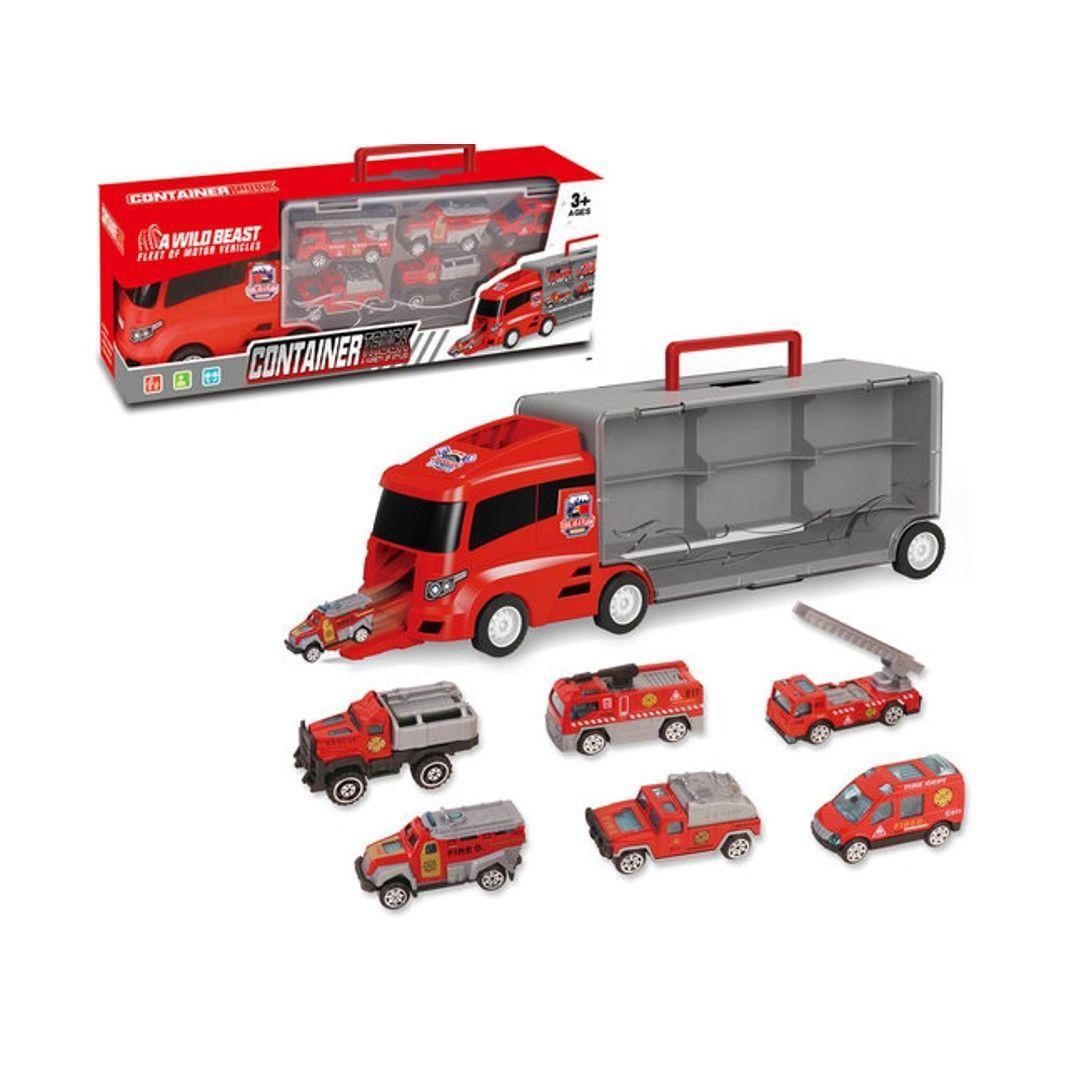CAMION BOMBERO JUGUETE TRANSPORTADOR AUTO 6 PIEZAS-0