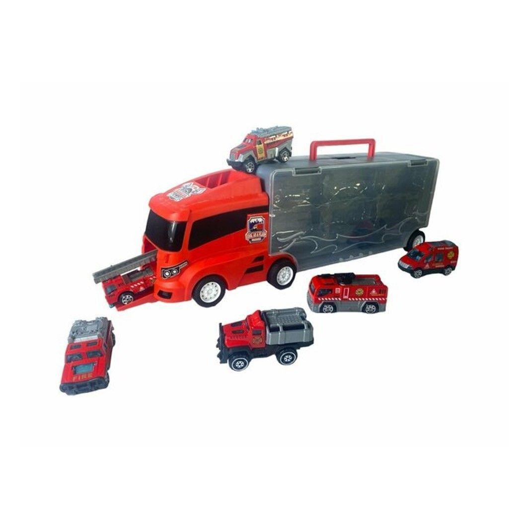 CAMION BOMBERO JUGUETE TRANSPORTADOR AUTO 6 PIEZAS-1