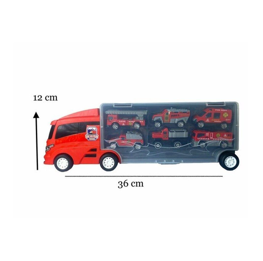 CAMION BOMBERO JUGUETE TRANSPORTADOR AUTO 6 PIEZAS-2