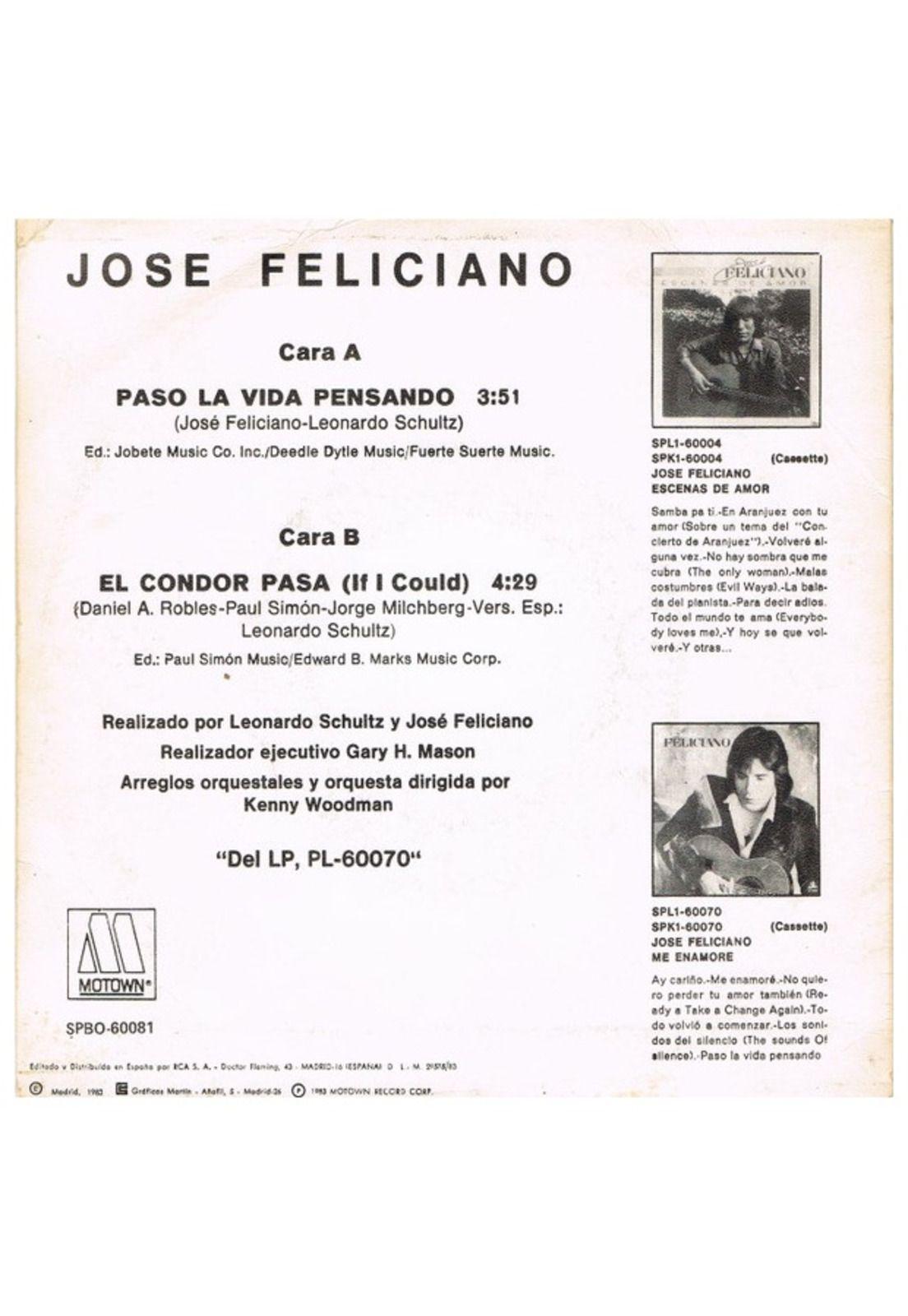 JOSE FELICIANO - PASO LA VIDA PENSANDO | 7" SINGLE VINILO USADO-1