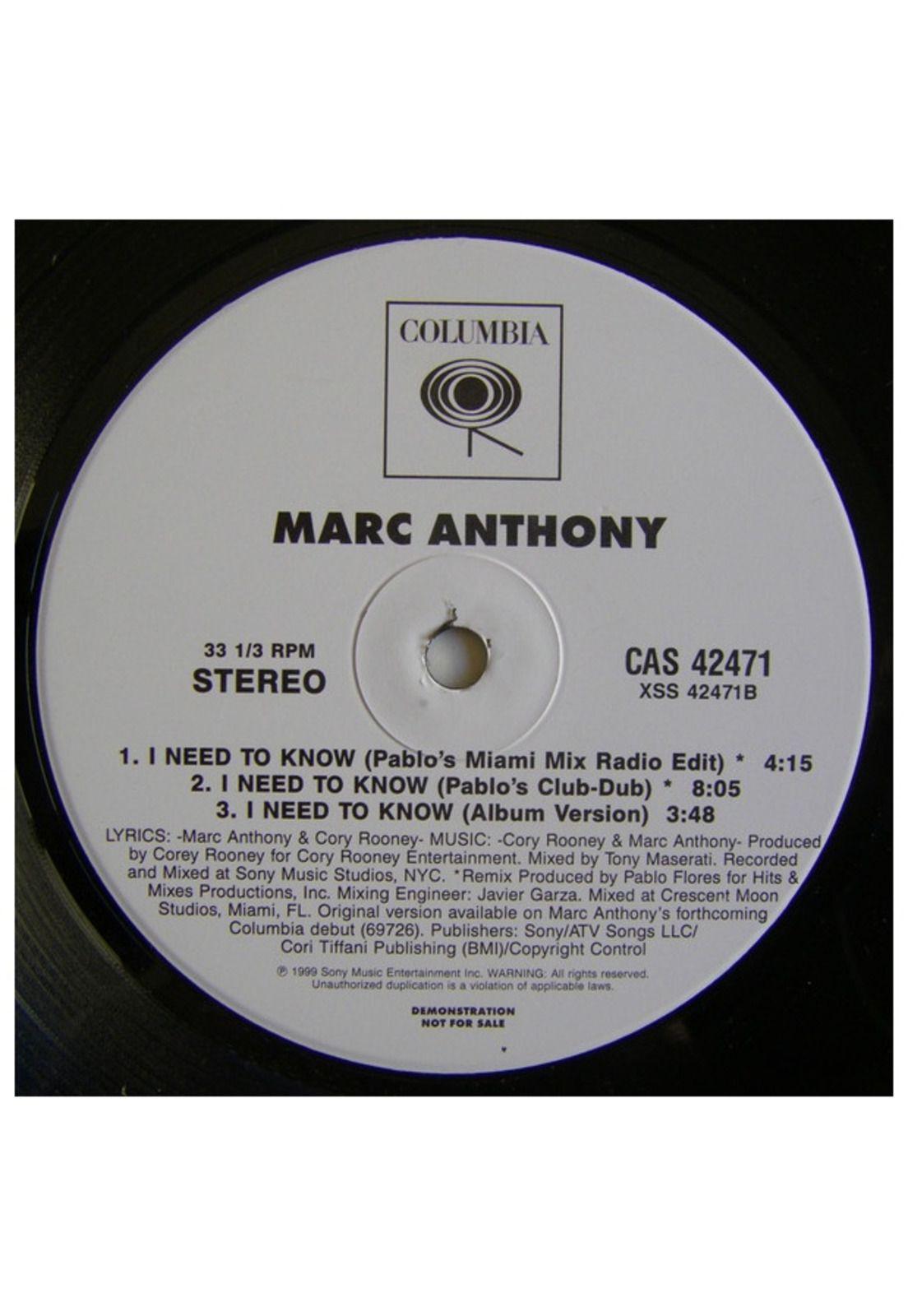 MARC ANTHONY - I NEED TO KNOW (PROMO) | 12" MAXI SINGLE USADO-0