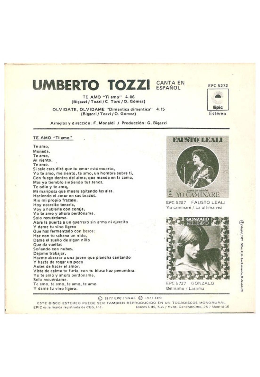 UMBERTO TOZZI - TE AMO (EN ESPAÑOL) | 7" SINGLE VINILO USADO-1