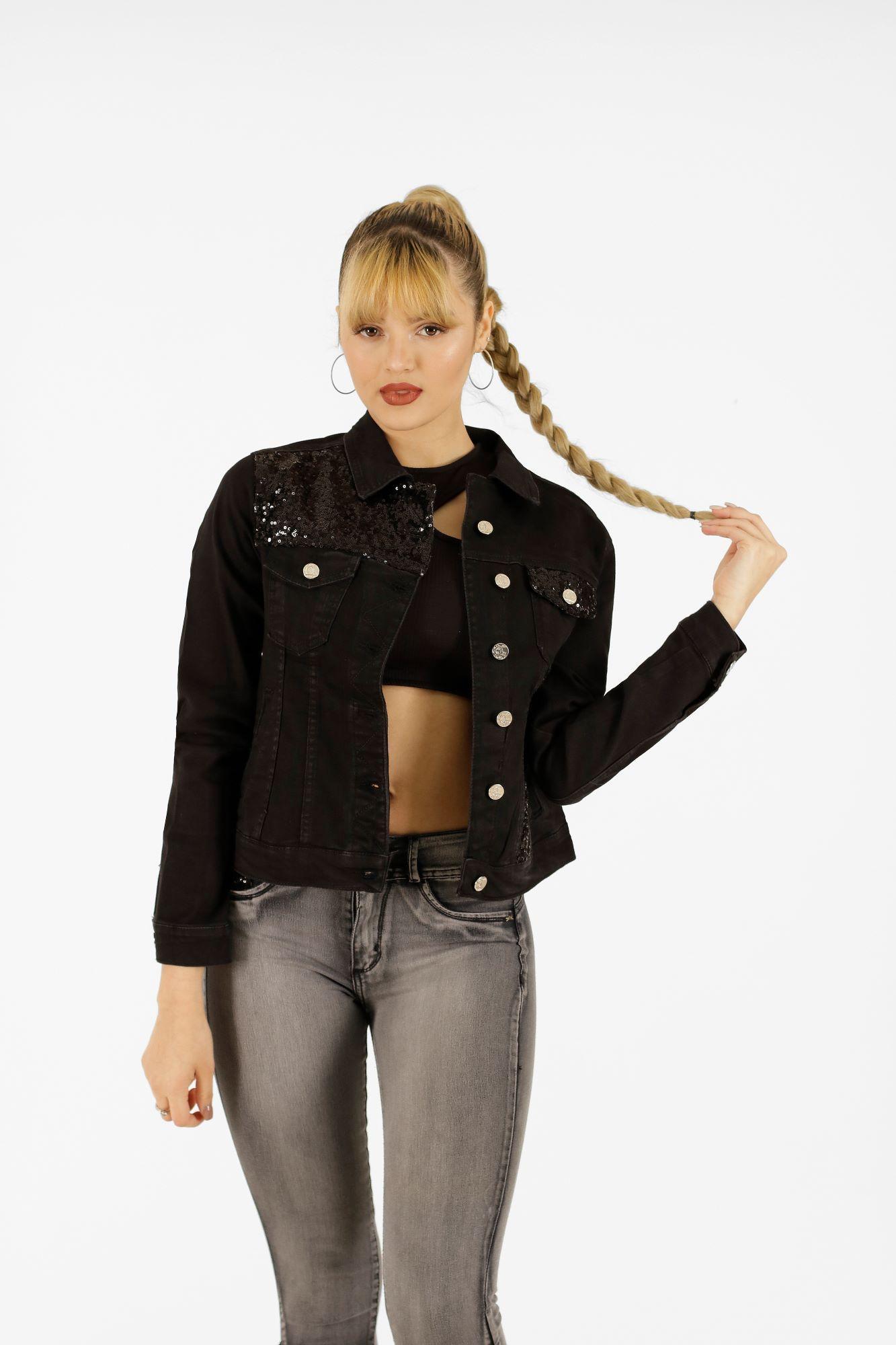 Chaqueta de jeans Mujer ONE WORLD con lentejuelas negra -0