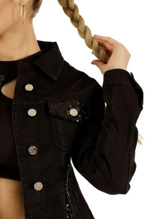 Chaqueta de jeans Mujer ONE WORLD con lentejuelas negra -3