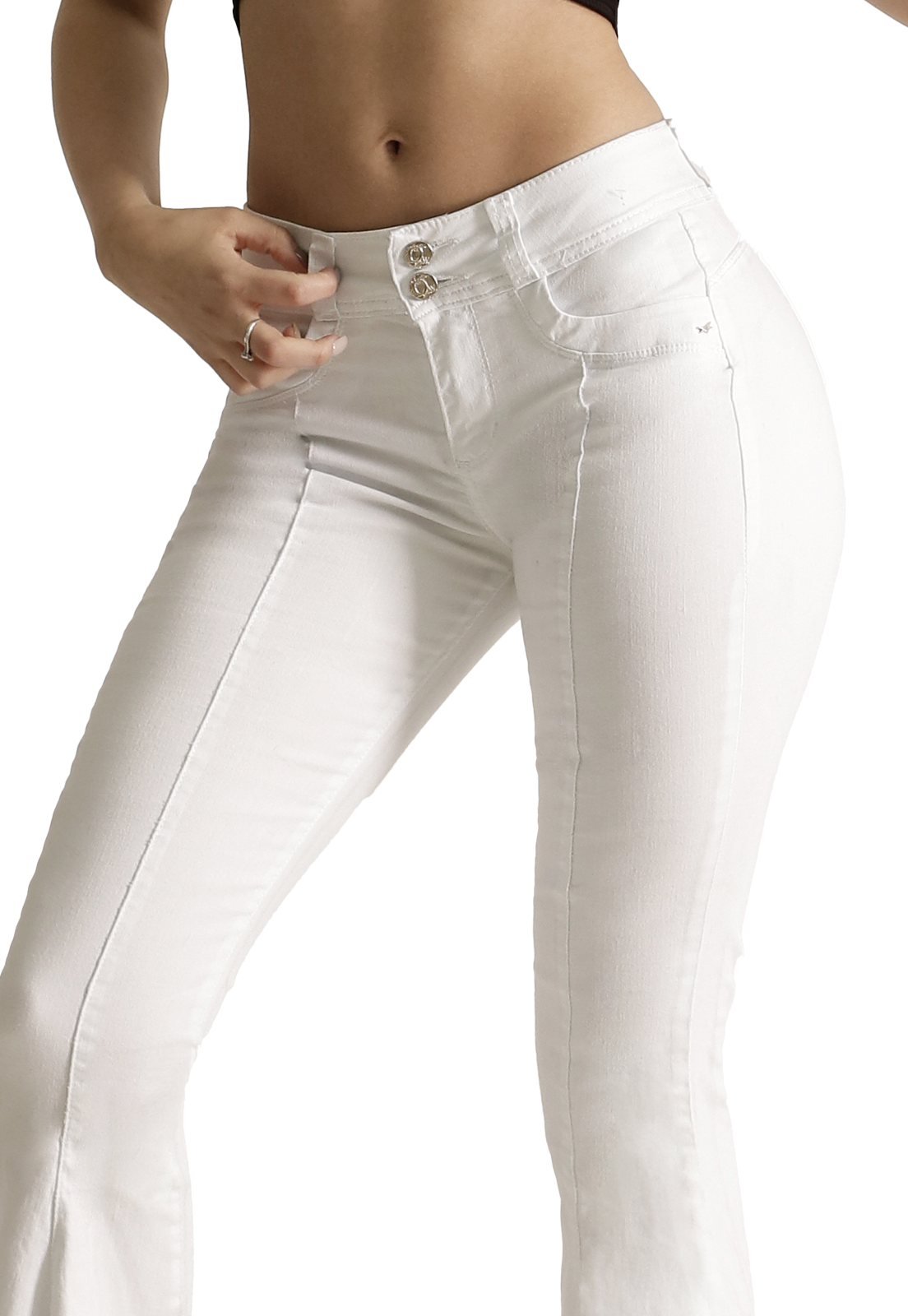 Jeans One World, Flare Gitano, Blanco, Tiro Alto, -2