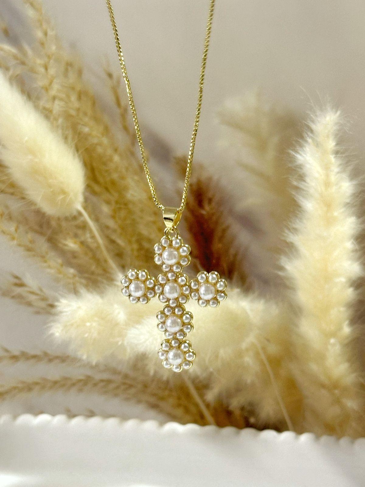 Collar Cruz con Perlas Baño de Oro 18K Hipoalergénico Mujer Elegante-2