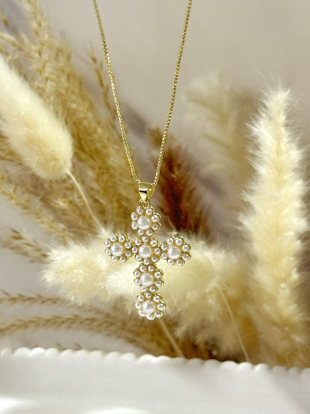 Collar Cruz con Perlas Baño de Oro 18K Hipoalergénico Mujer Elegante-3