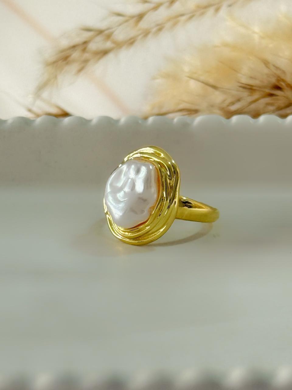 Anillo Rebeca perla Ajustable Baño de Oro 18K-0