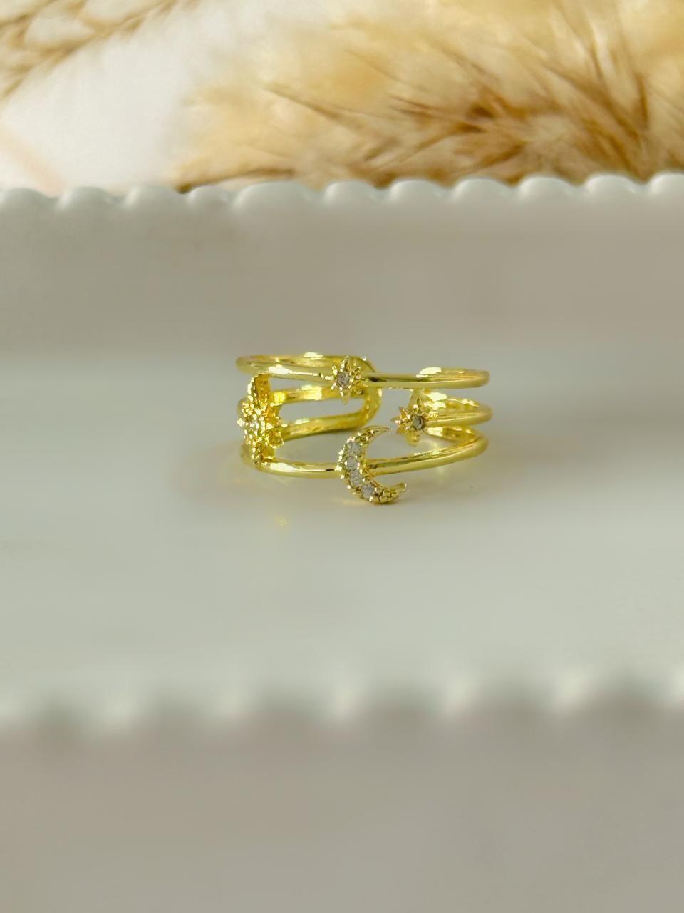 Anillo luna estrella Ajustable Baño de Oro 18K-0