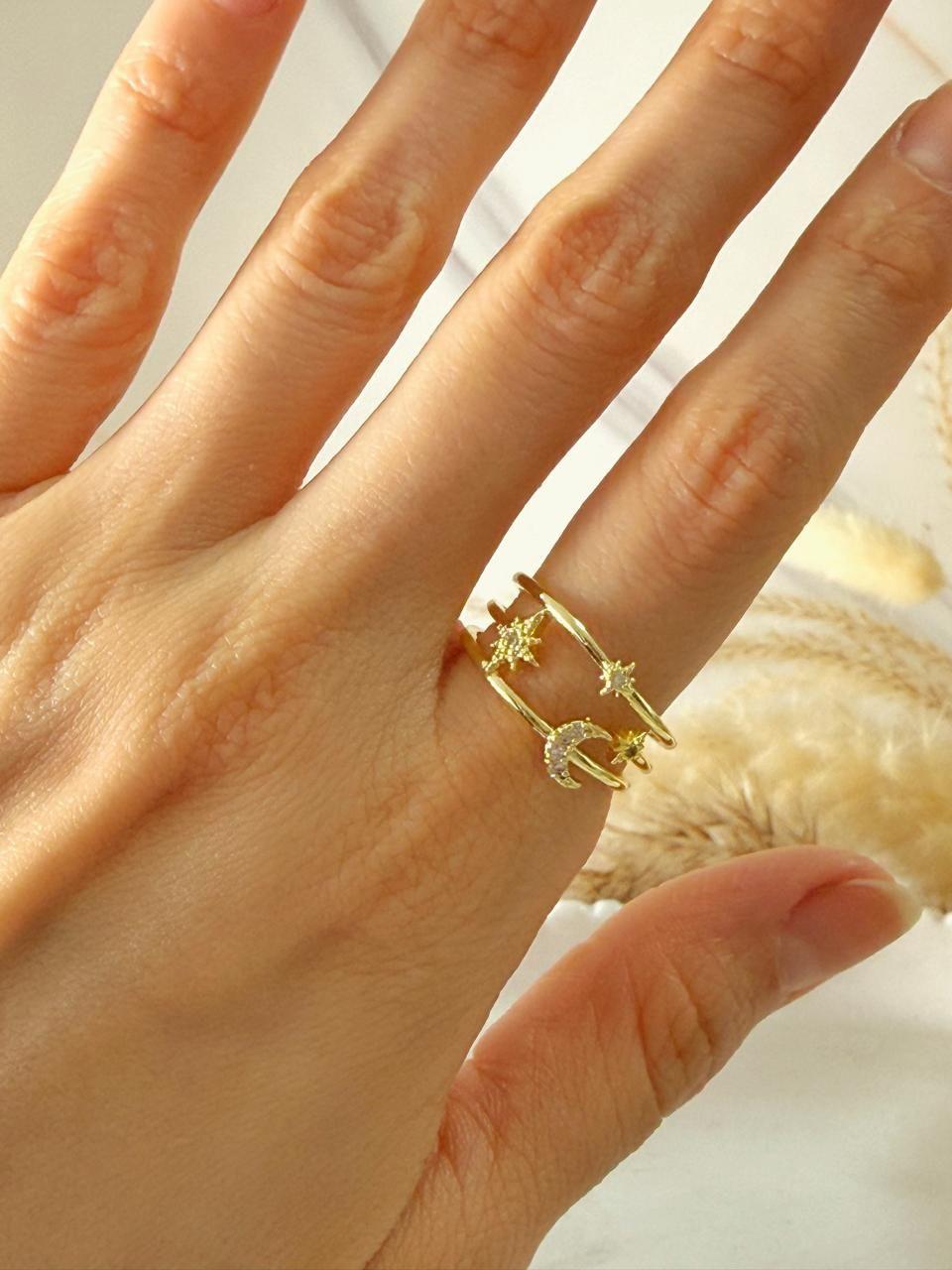 Anillo luna estrella Ajustable Baño de Oro 18K-3