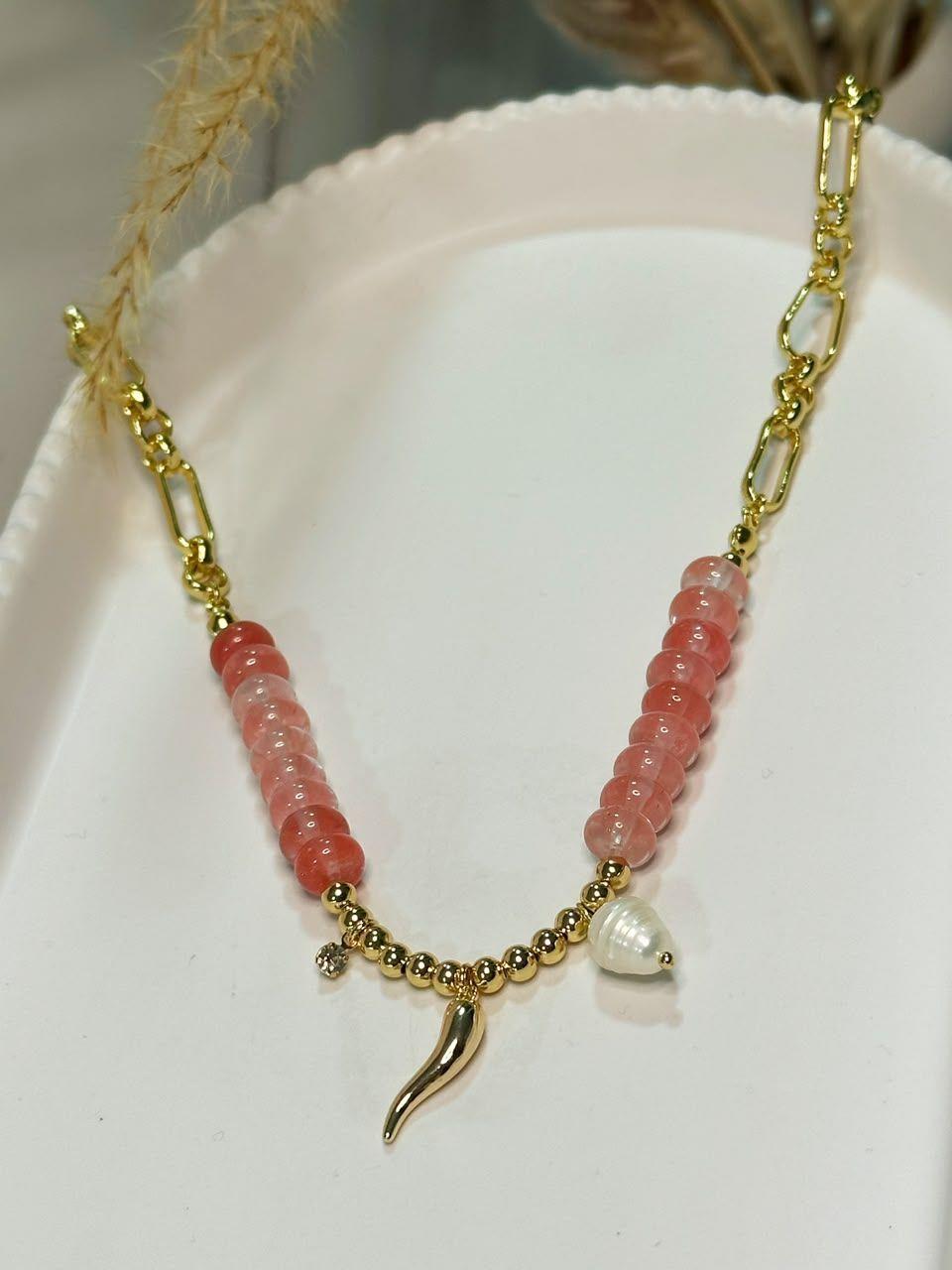 Collar con Cuarzo Cherry Flame para Mujer Baño de Oro 18K-2