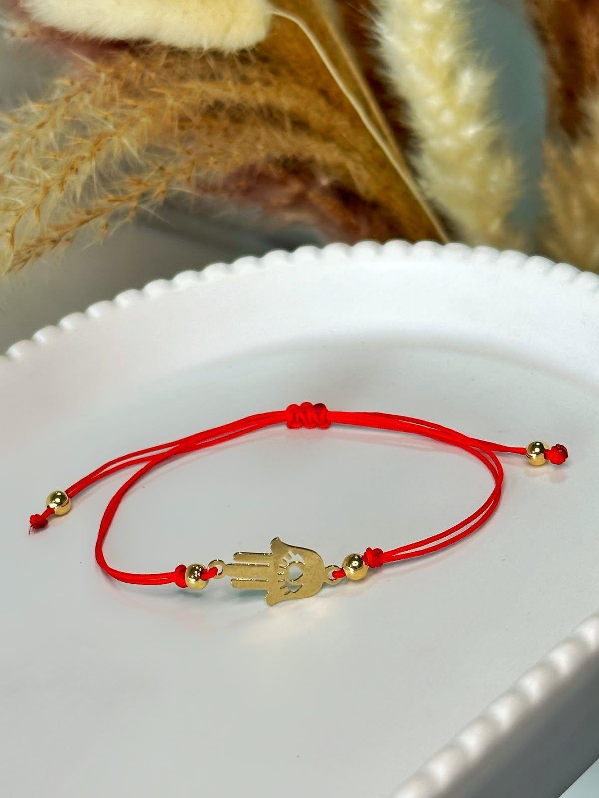 Pulsera de Protección Baño de Oro 18K con Charm Hamsa ajustable roja-2