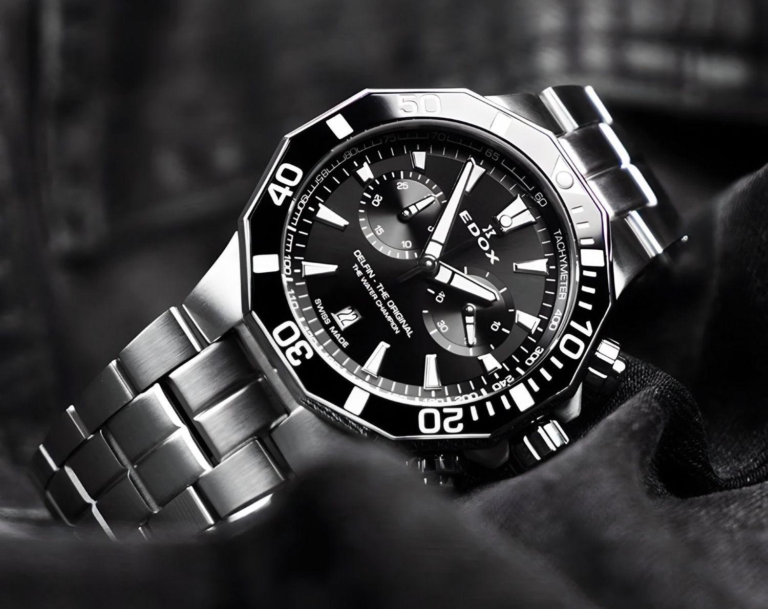 Reloj Edox Delfin The Original Chronograph Acero Esfera Negra Hombre-2