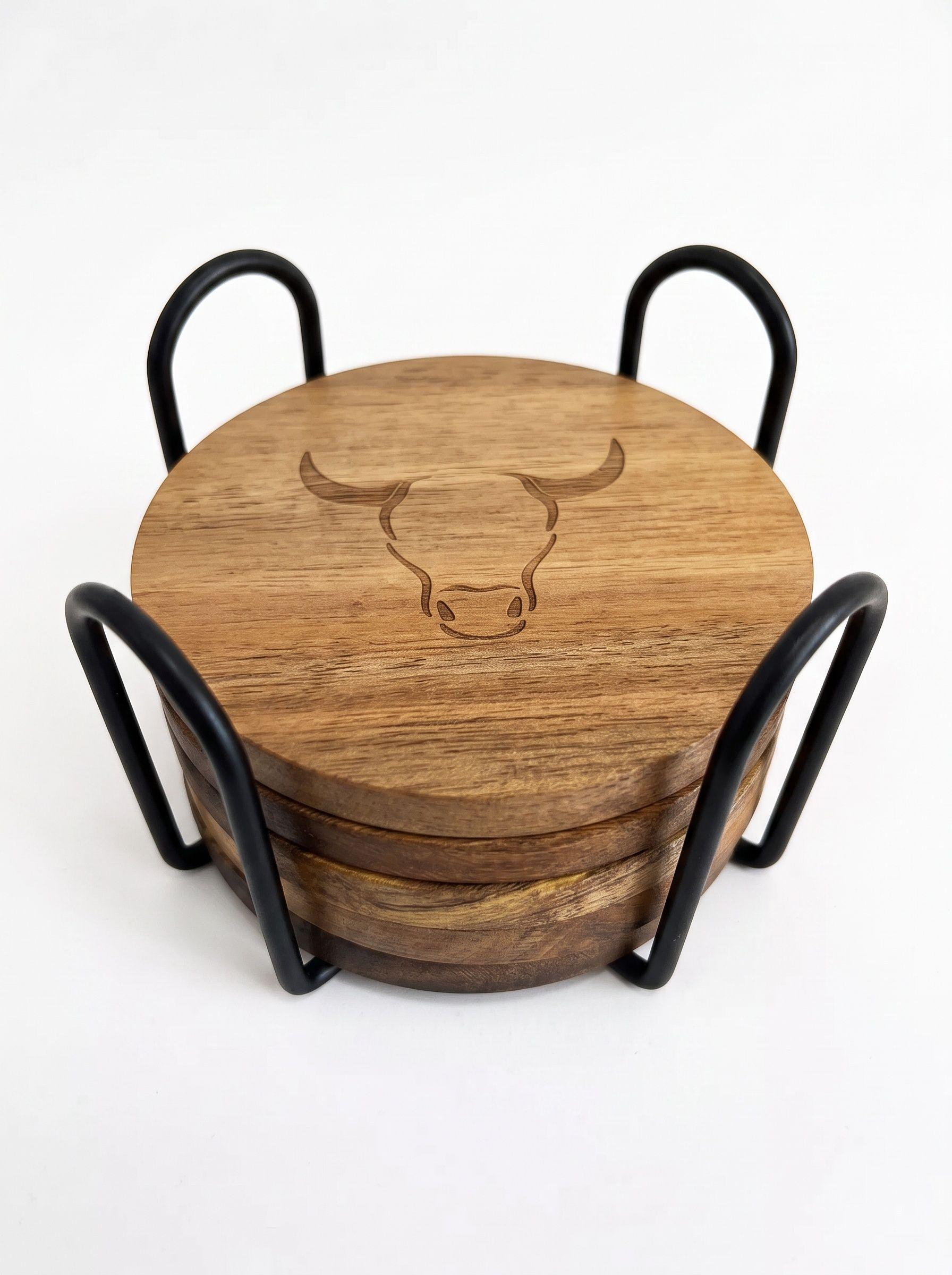 Set de 6 Posavasos de Madera Wayu con Soporte Negro Metalico-2
