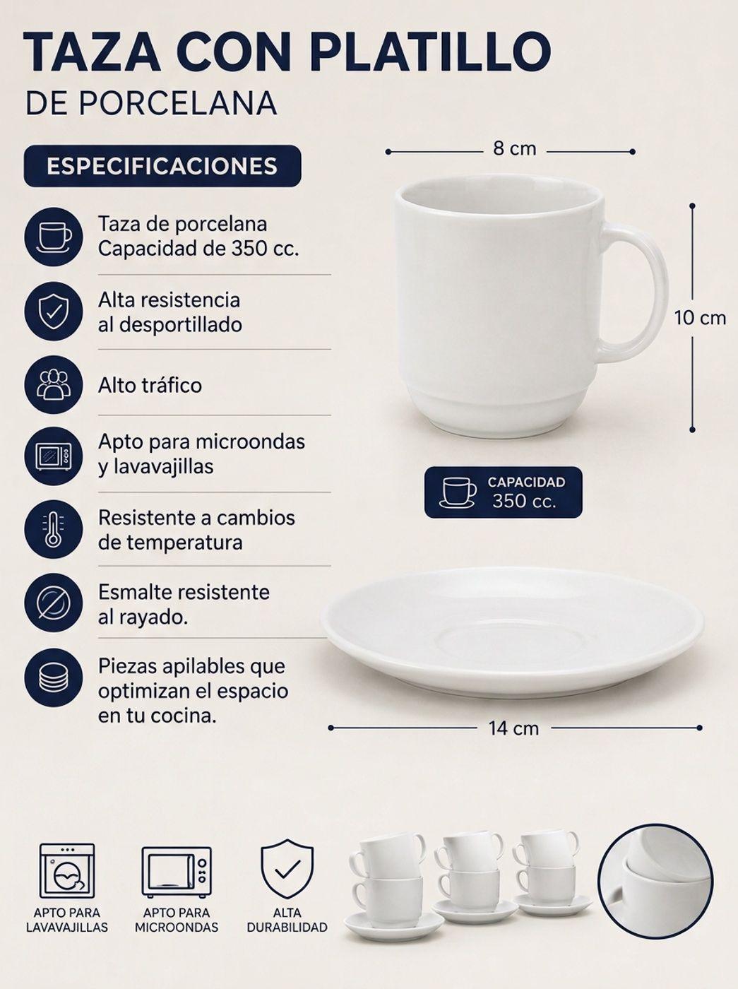Set 6 Tazas De Porcelana 350cc Wellington Con Platillos-3