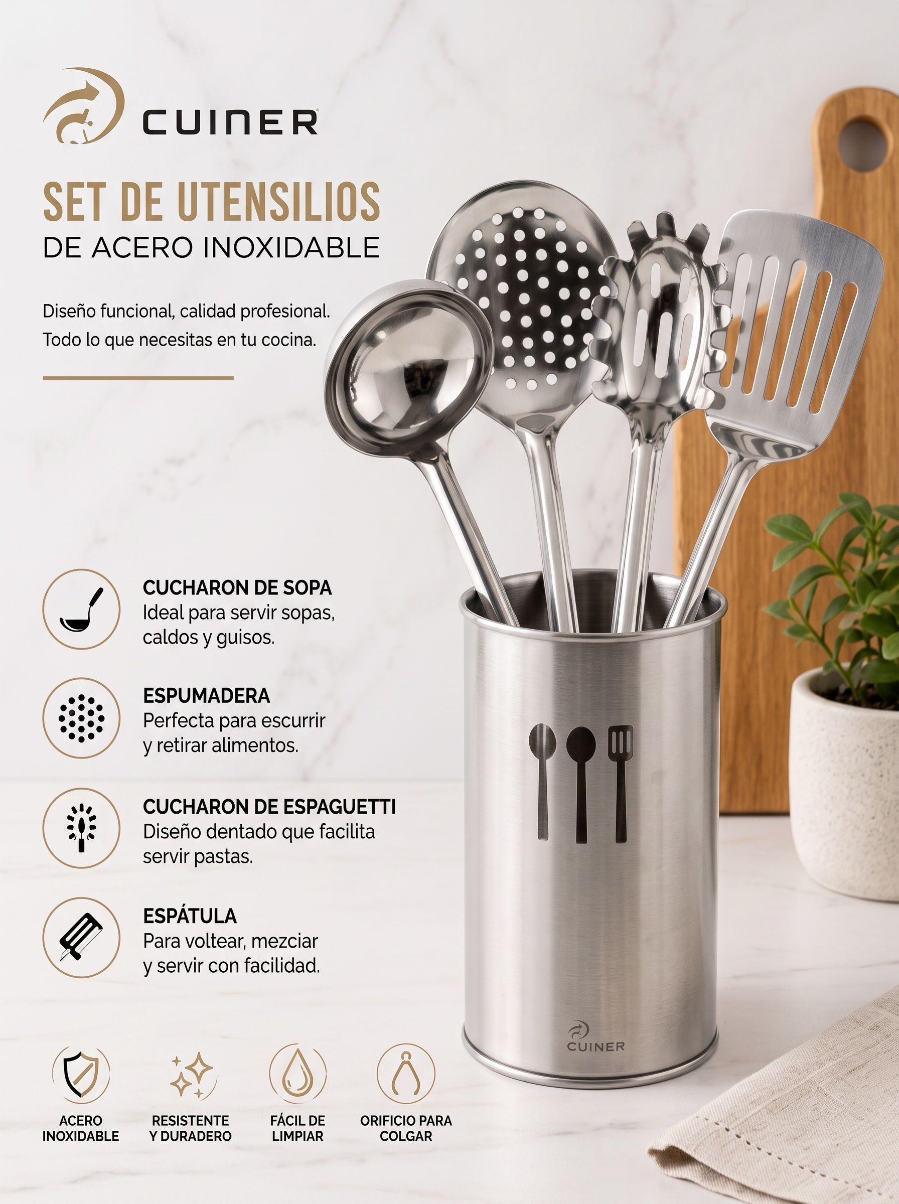 Set Utensilios De Cocina Acero Inoxidable Soporte Metalico Cuiner-2