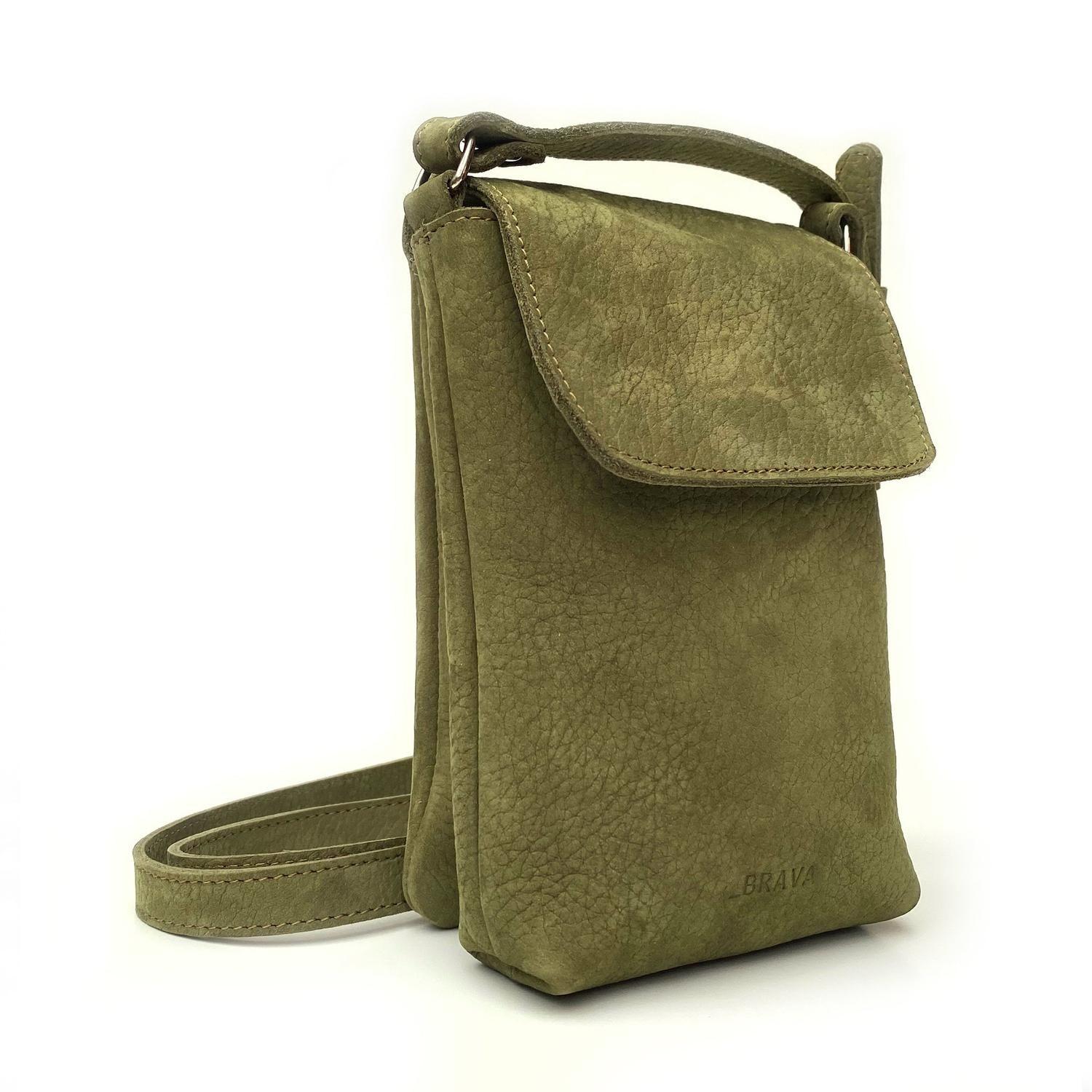 Portacelular - Cell Bag de cuero modelo MARTHA Nobuck grano oliva-1