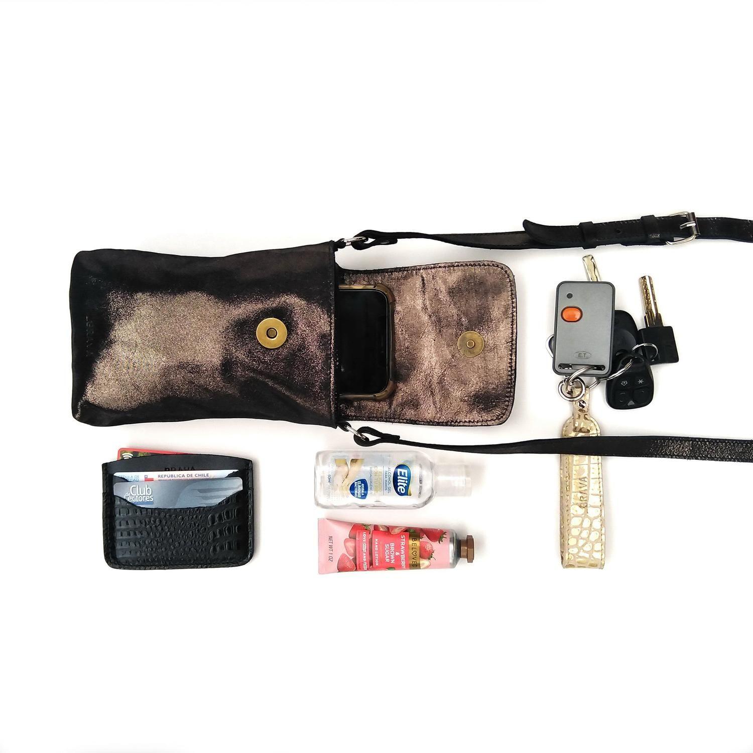 Portacelular - Cell Bag de cuero modelo MARTHA metalizado Peltre-2