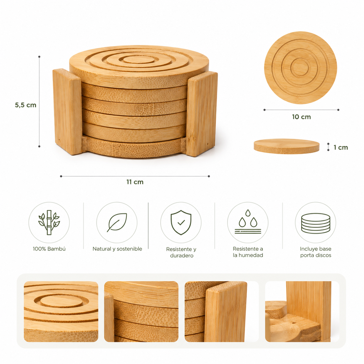 Juego De 6 Posavasos De Bamb Con Base Tapete Para Bebida-2