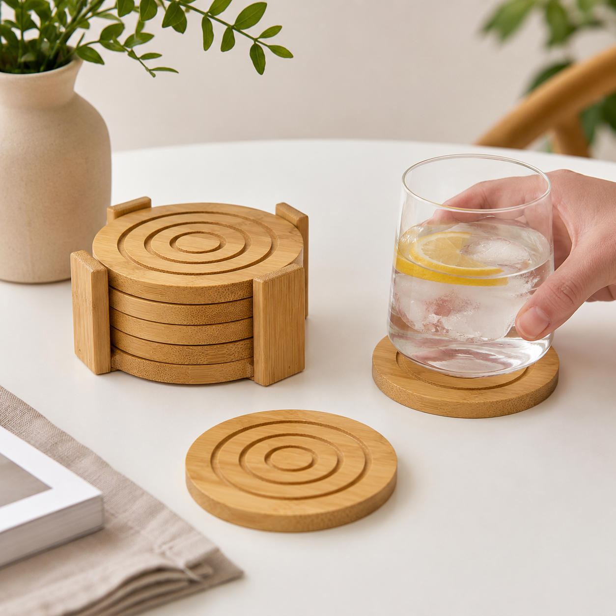 Juego De 6 Posavasos De Bamb Con Base Tapete Para Bebida-3
