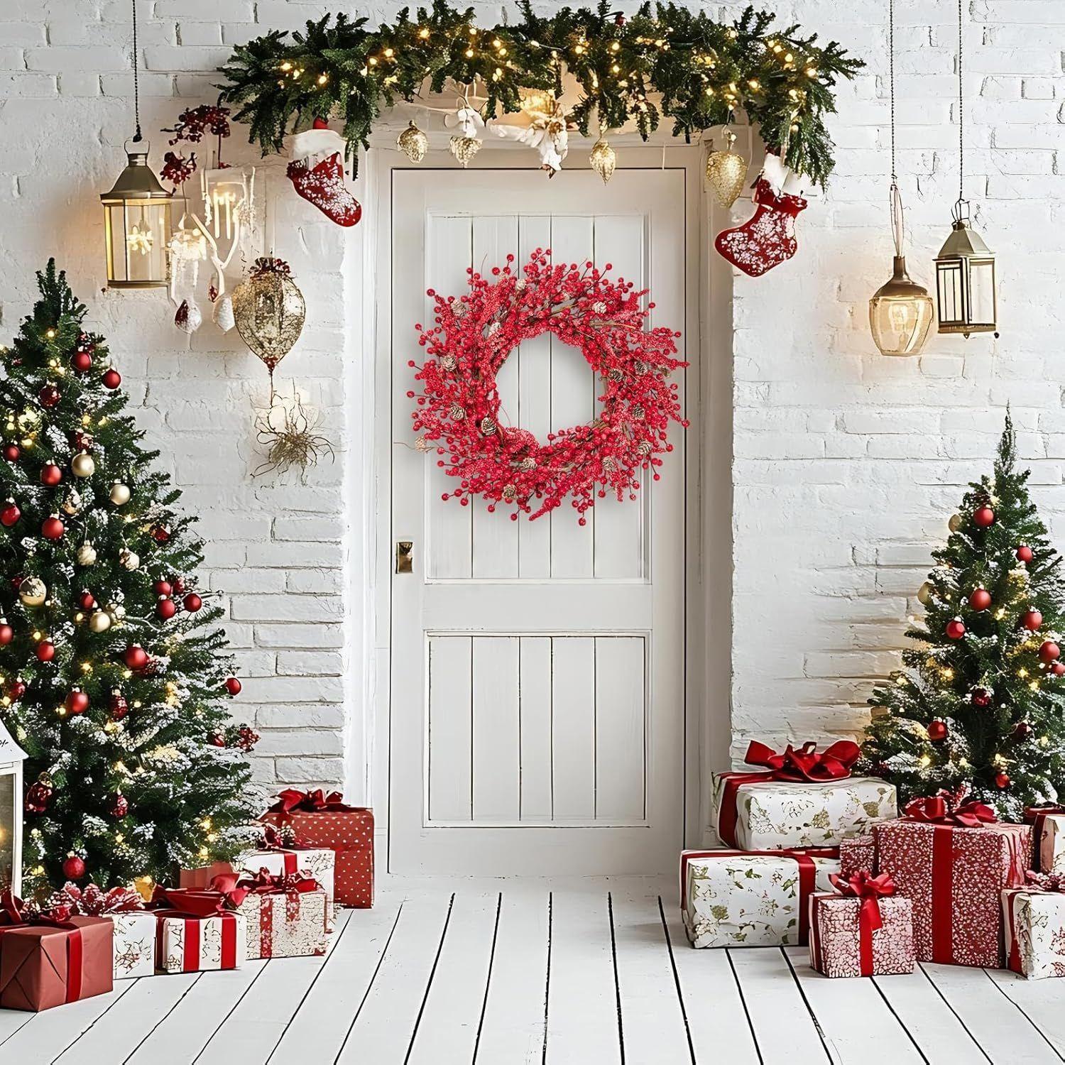 Corona De Navidad De Bayas Rojas 40cm Decoración Navideña Rojo-2