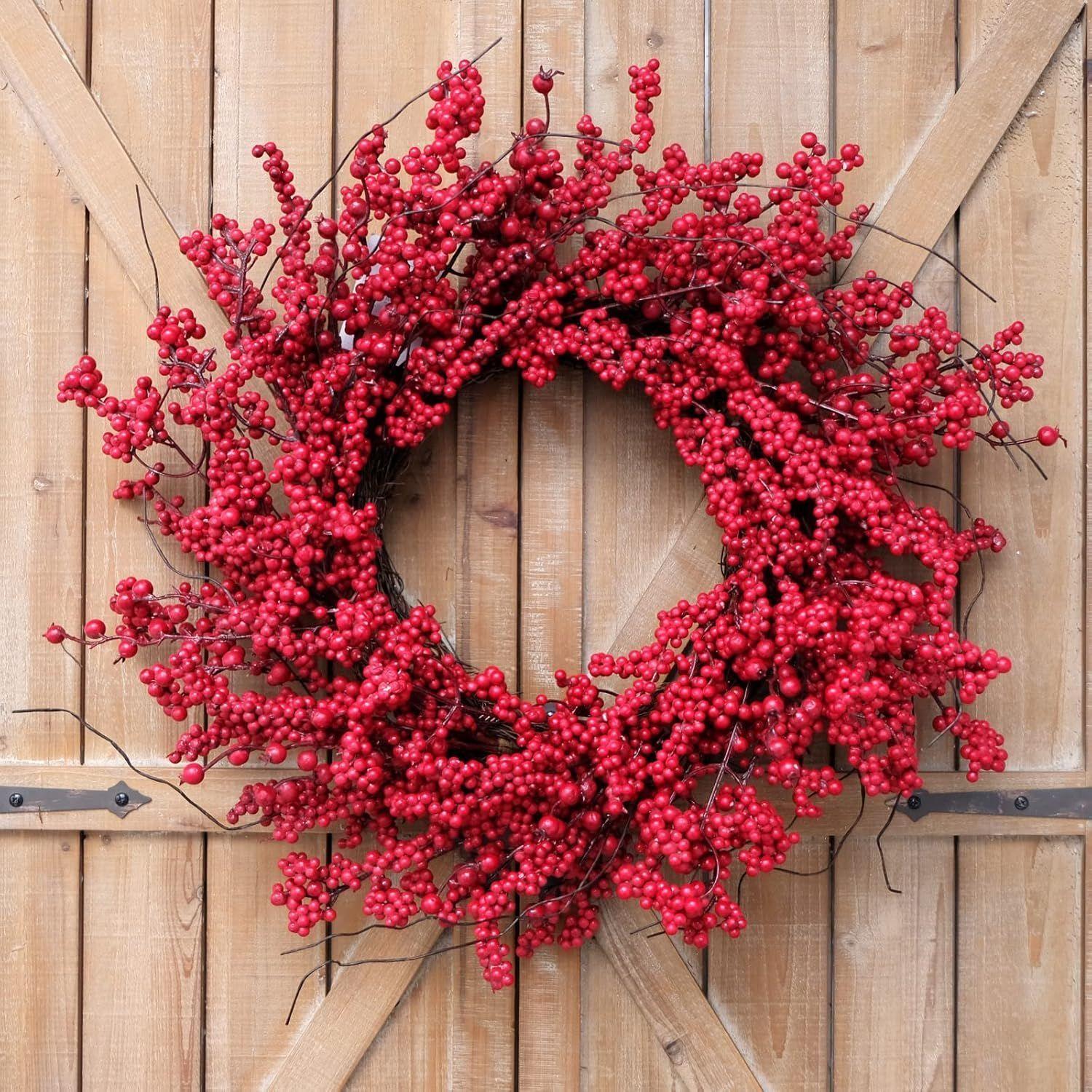 Corona De Navidad De Bayas Rojas 40cm Decoración Navideña Rojo-3