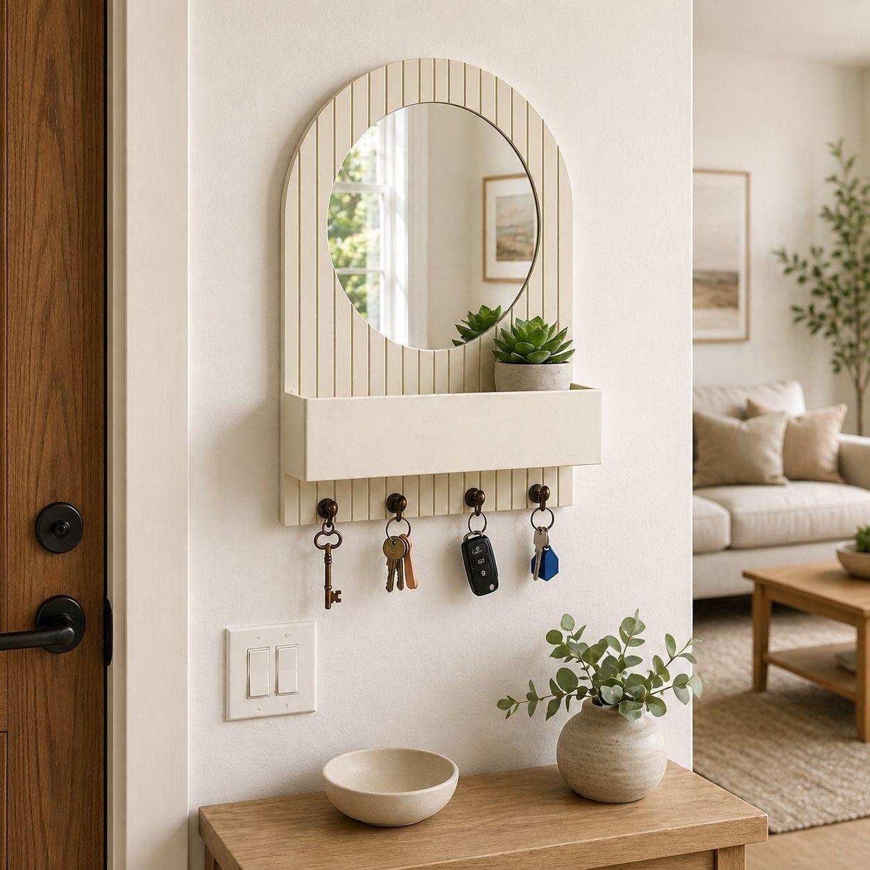 Porta Llave De Pared 4 Ganchos Con Espejo Y Estante-1