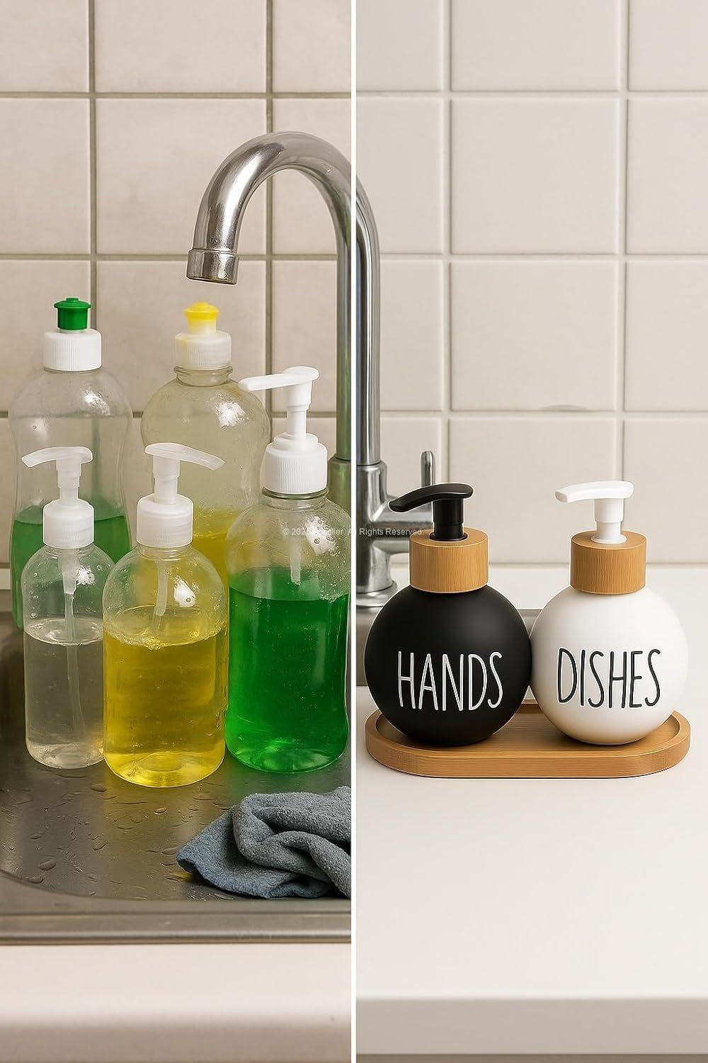 2 Dispensador De Jabon Y Detergente Botella 500 Ml +bandeja Blanco Y Negro WakesHome-2