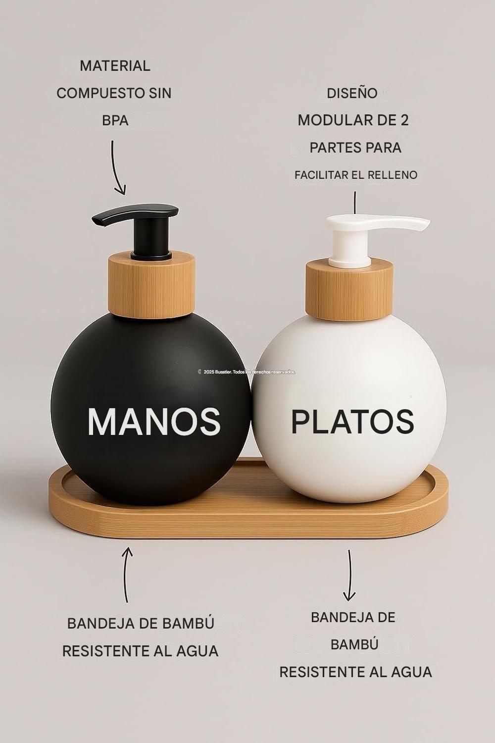 2 Dispensador De Jabon Y Detergente Botella 500 Ml +bandeja Blanco Y Negro WakesHome-4