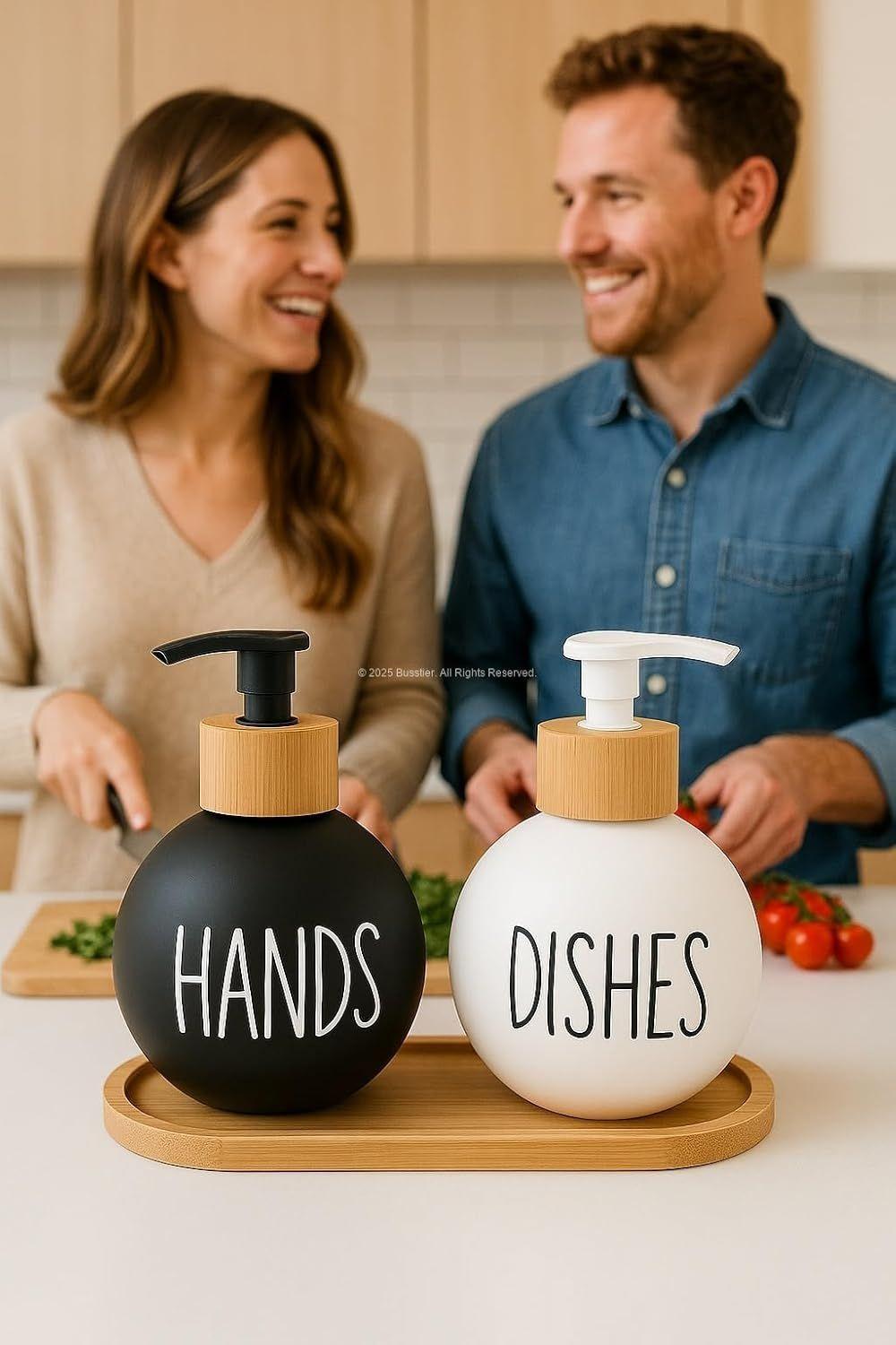 2 Dispensador De Jabon Y Detergente Botella 500 Ml +bandeja Blanco Y Negro WakesHome-5