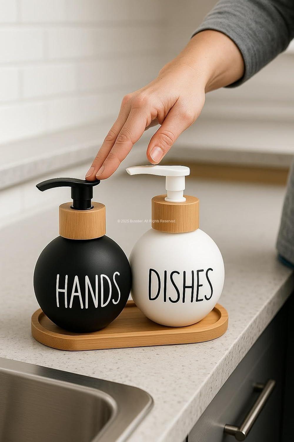 2 Dispensador De Jabon Y Detergente Botella 500 Ml +bandeja Blanco Y Negro WakesHome-6
