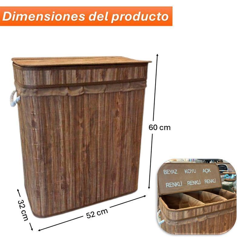 Cesto Ropa Sucia 3 Compartimentos Con Tapa Canasto De Bambu-2