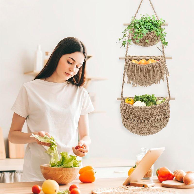 Organizador De Frutas y verduras de 3 Cestas Colgantes Tejido A Mano WakesHome-3
