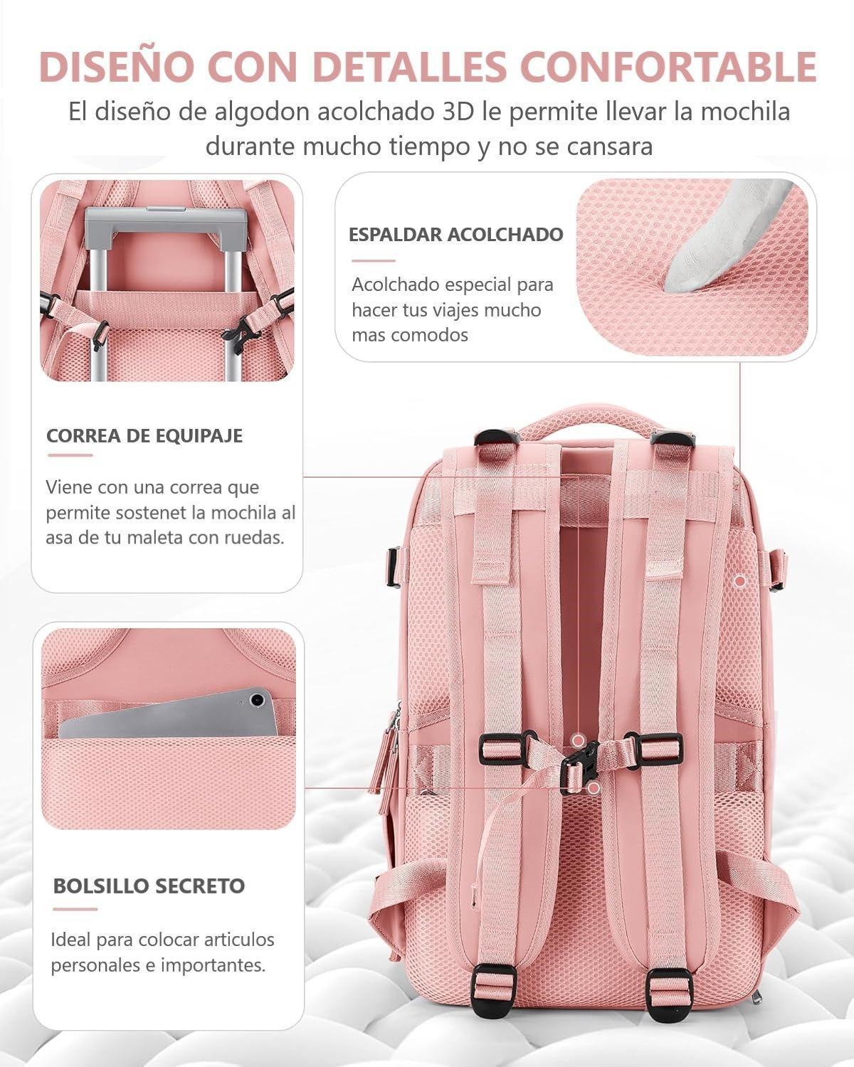 Mochila De Viaje Cabina Avión Impermeable Con Puero Usb Color Rosado-2