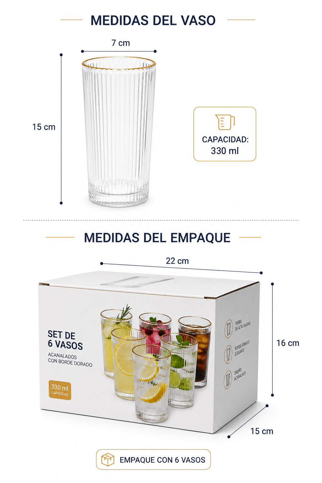 6 Vasos Vidrio Acanalado Borde Dorado 335ml Para Bebidas-2