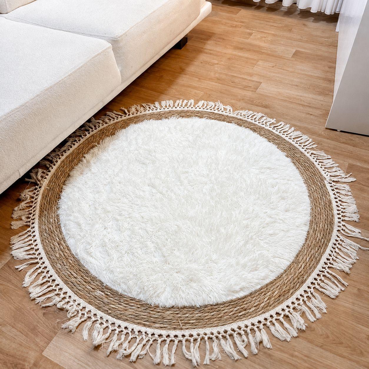 Alfombra Living Redonda De Yute 115cm Dise o Boho Con Flecos-3