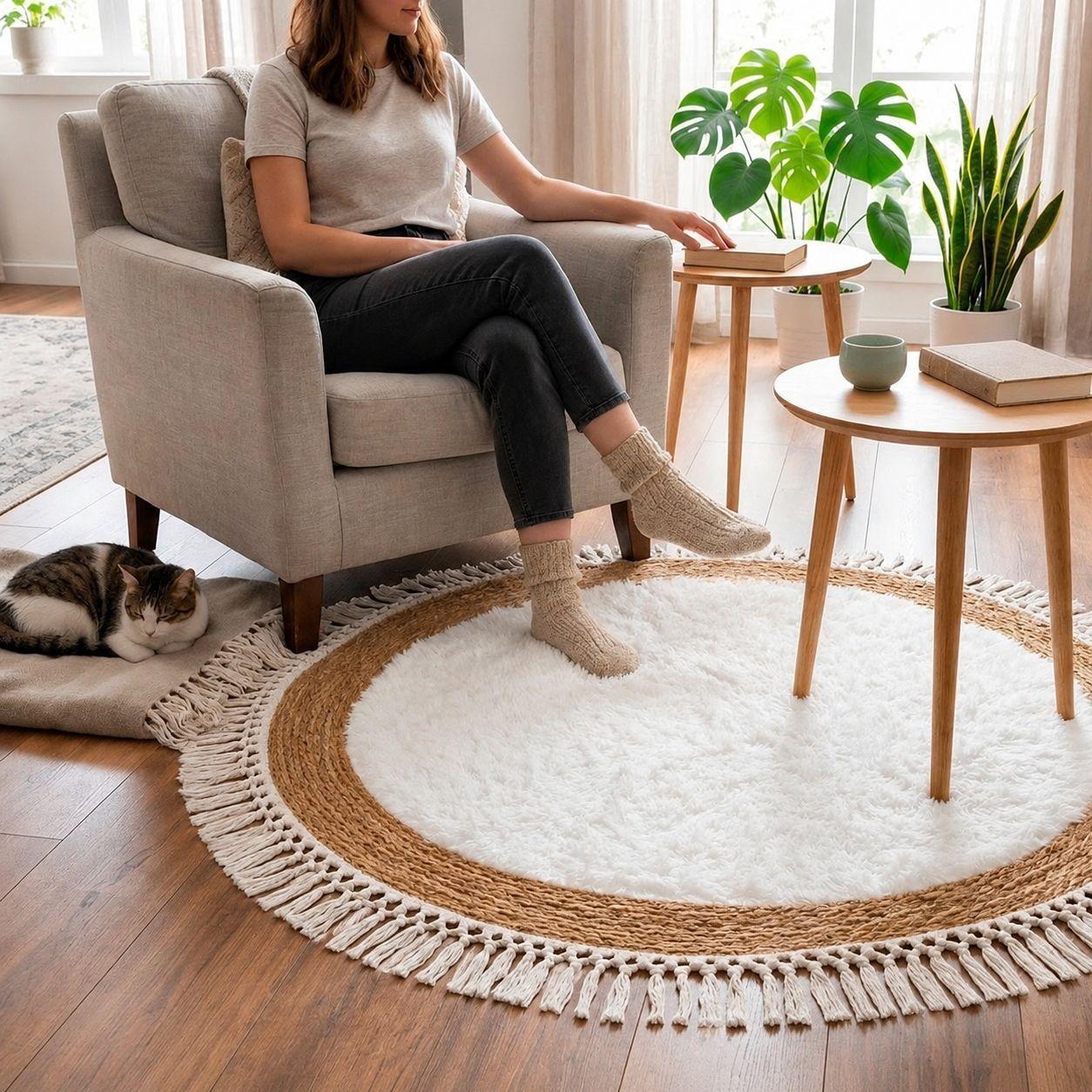 Alfombra Living Redonda De Yute 115cm Dise o Boho Con Flecos-4
