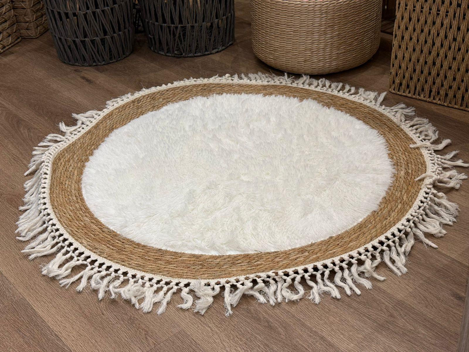 Alfombra Living Redonda De Yute 115cm Dise o Boho Con Flecos-6