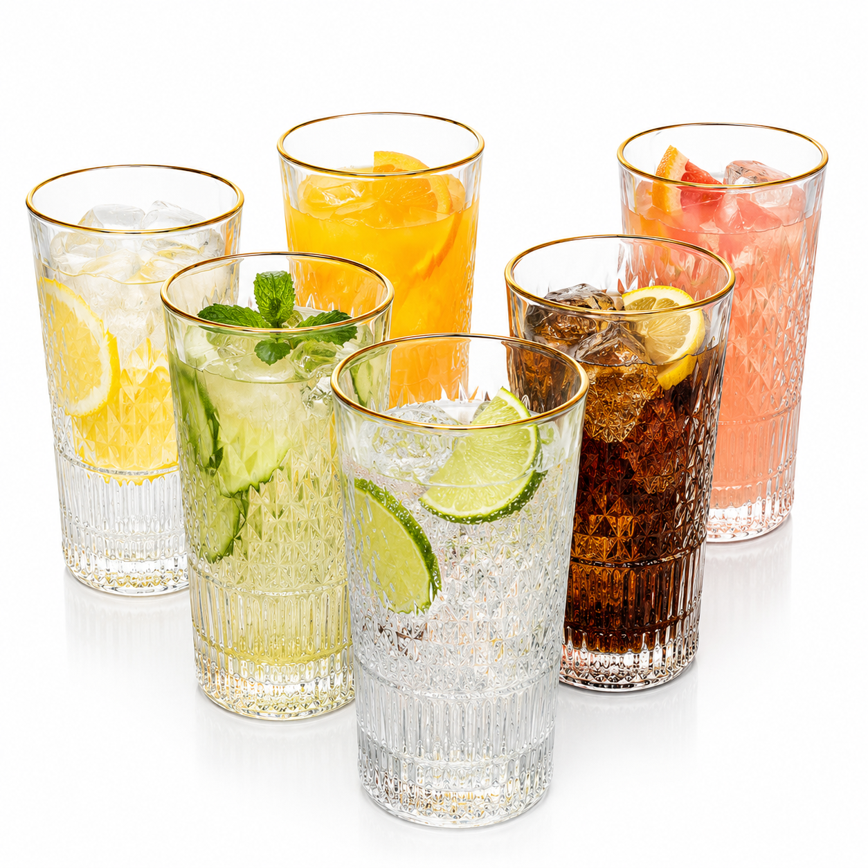 Pack 6 Vasos Premium Altos De Cristal Con Borde Dorado 335ml-0