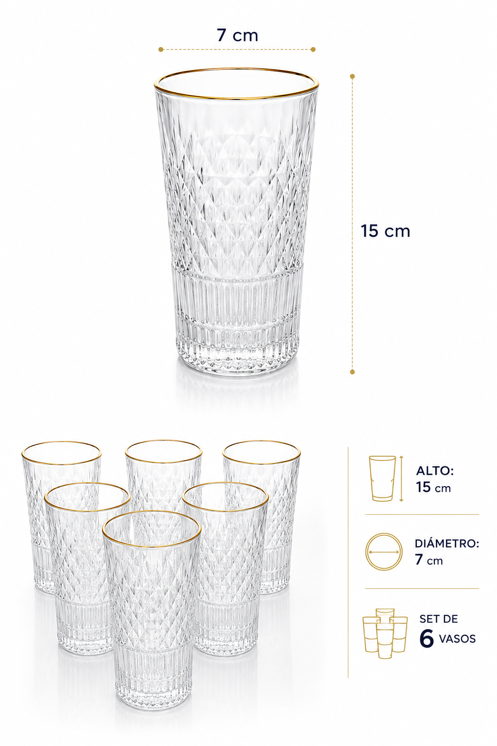Pack 6 Vasos Premium Altos De Cristal Con Borde Dorado 335ml-1